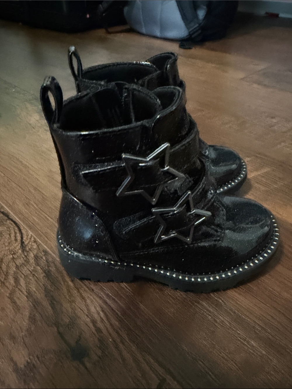Kids Black Glitter Star Strap Boots